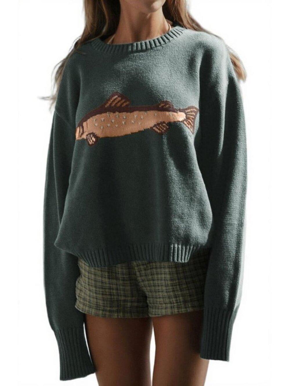 Women Fashion Crew Neck Rib Knit Crucian Carp Graphic Oversized Y2k Pullover